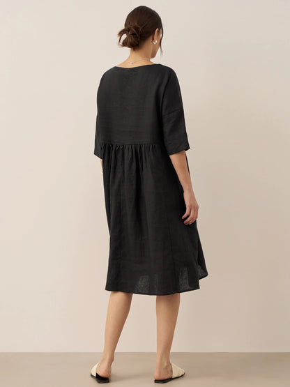 Vestido midi de lino de manga corta para mujer-Midi Dress-Casaluzia
