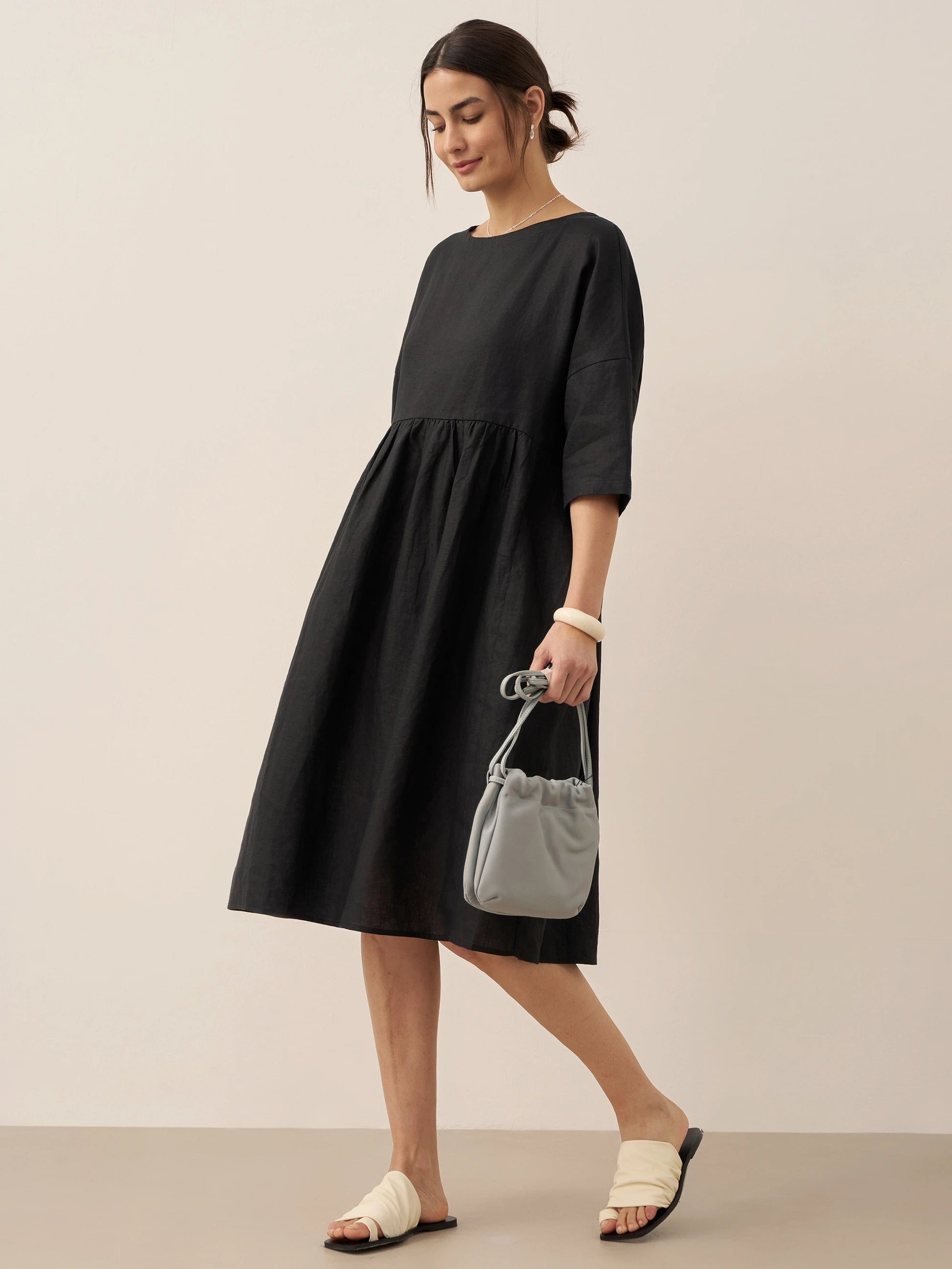 Vestido midi de lino de manga corta para mujer-Midi Dress-Casaluzia
