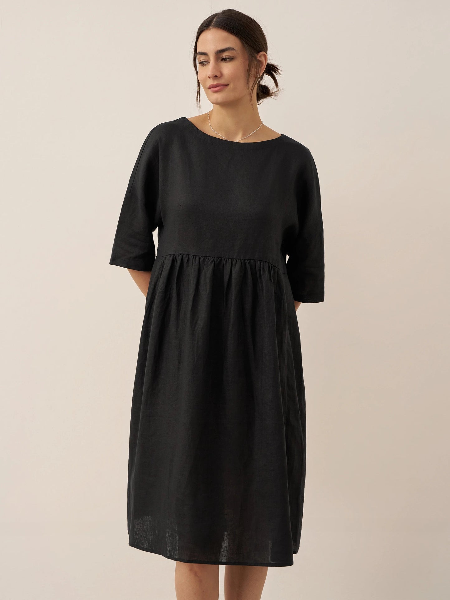 Vestido midi de lino de manga corta para mujer-Midi Dress-Casaluzia