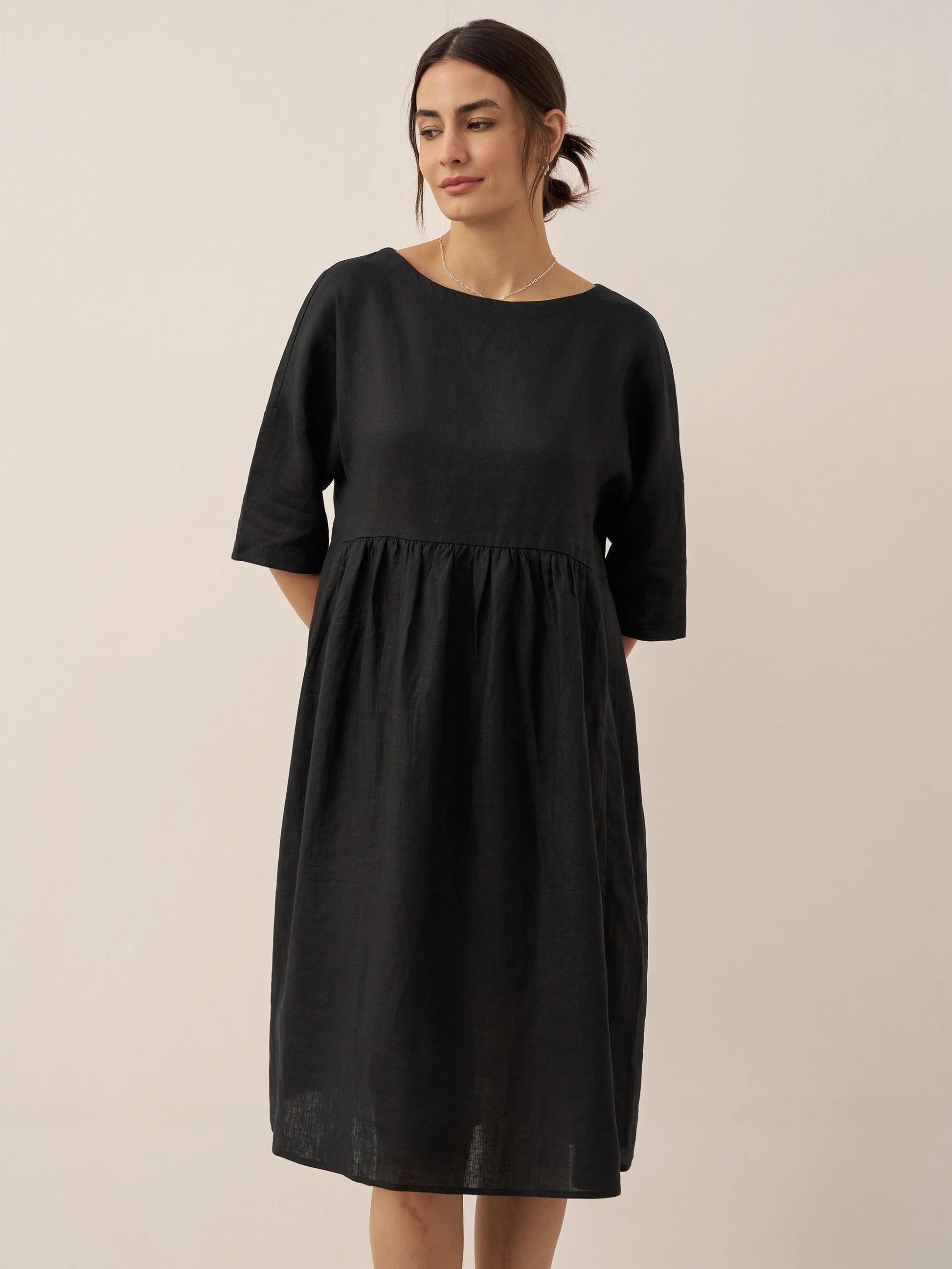 Vestido midi de lino de manga corta para mujer-Midi Dress-Casaluzia