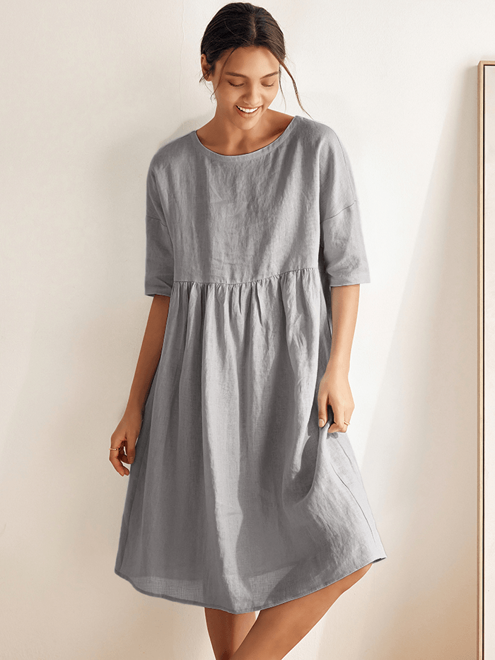 Vestido midi de lino de manga corta para mujer-Midi Dress-Casaluzia