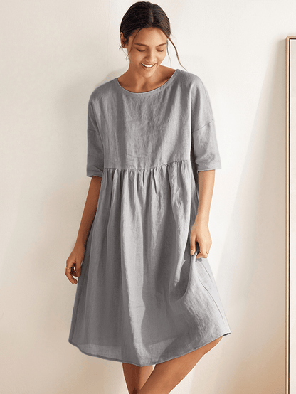 Vestido midi de lino de manga corta para mujer-Midi Dress-Casaluzia