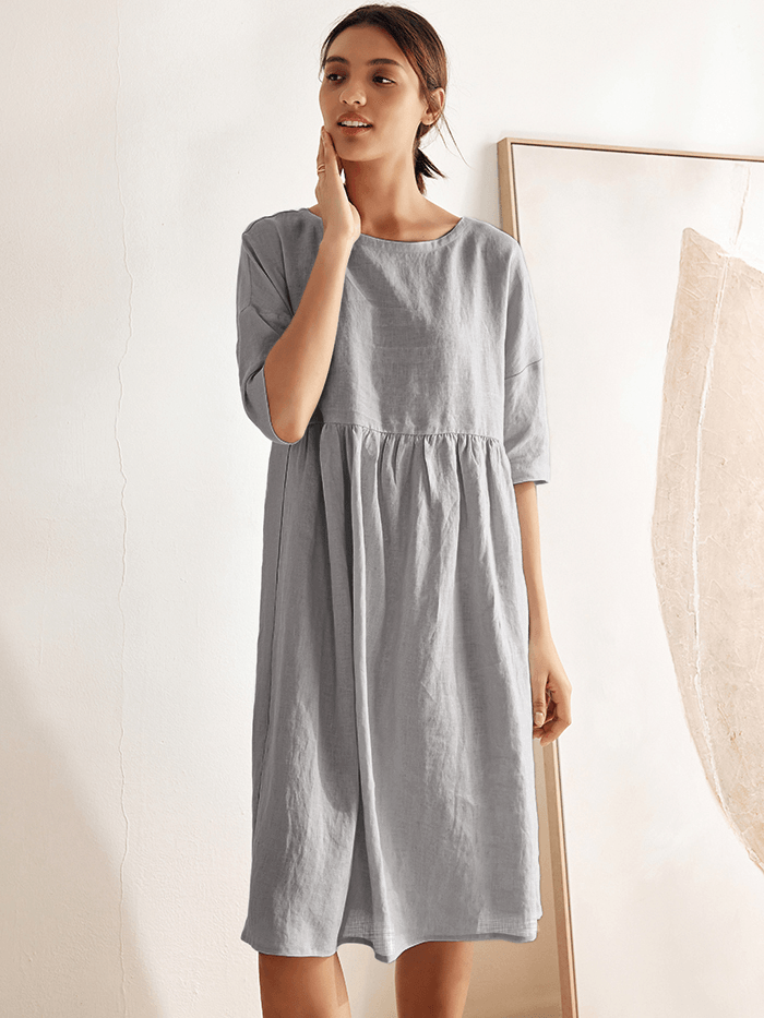 Vestido midi de lino de manga corta para mujer-Midi Dress-Casaluzia