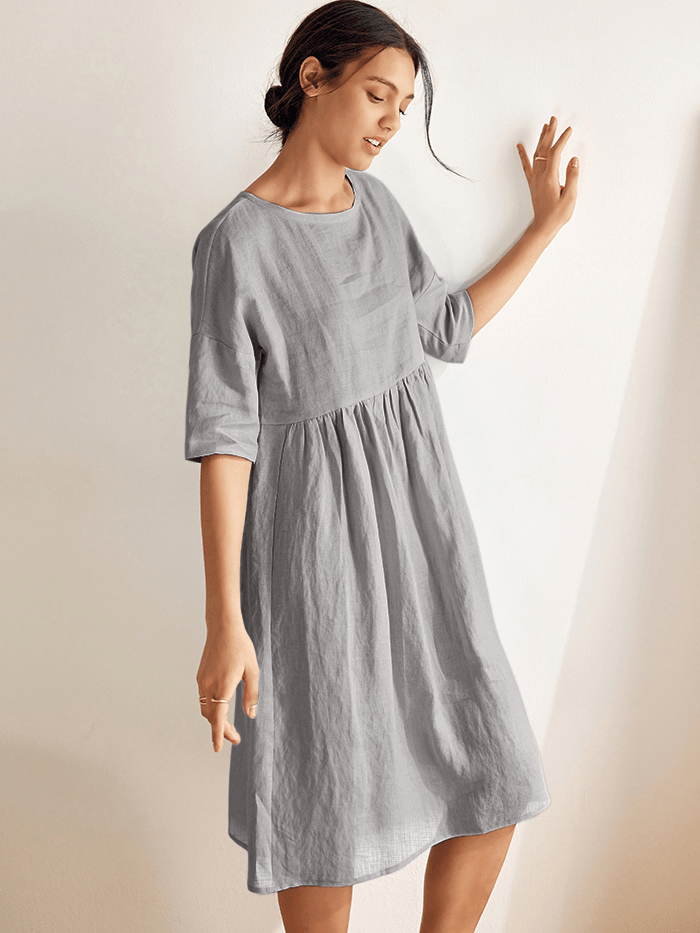 Vestido midi de lino de manga corta para mujer-Midi Dress-Casaluzia