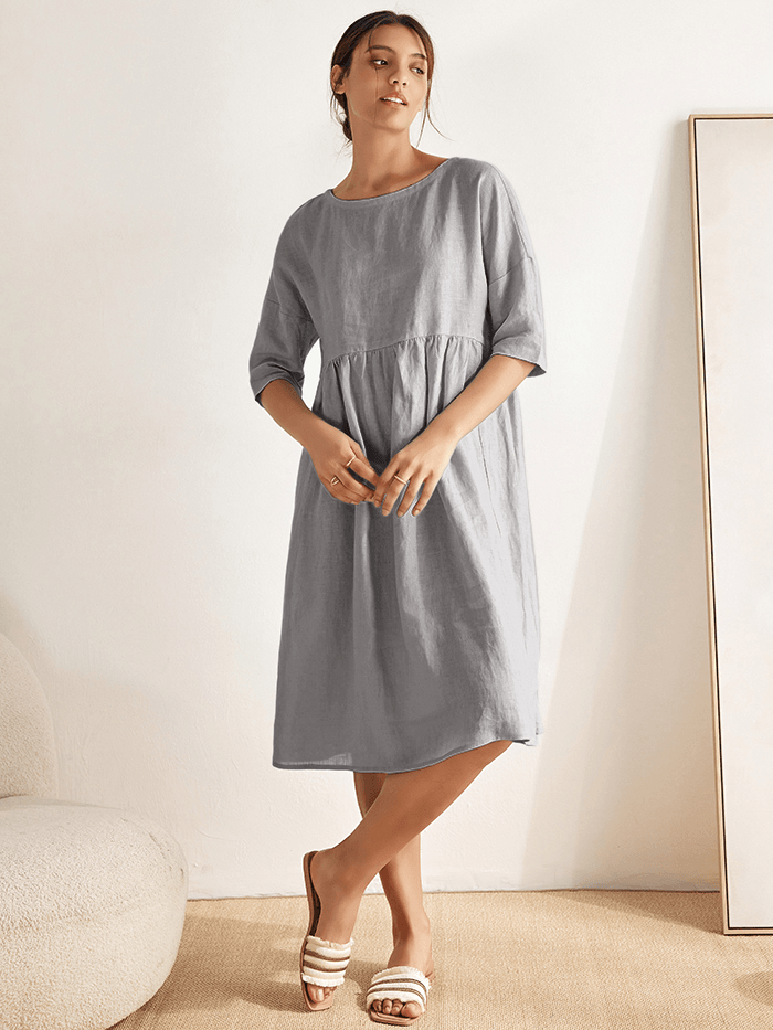 Vestido midi de lino de manga corta para mujer-Midi Dress-Casaluzia