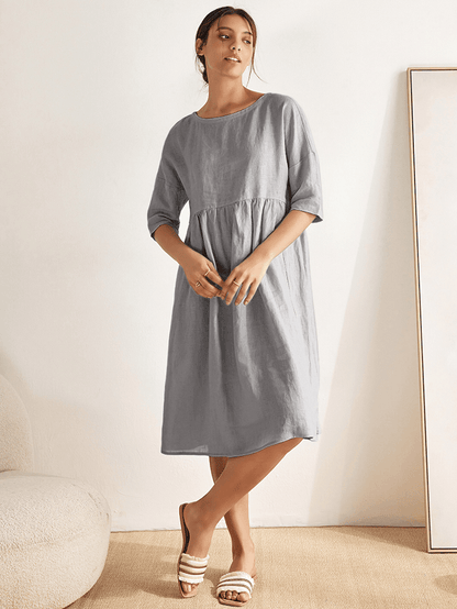 Vestido midi de lino de manga corta para mujer-Midi Dress-Casaluzia