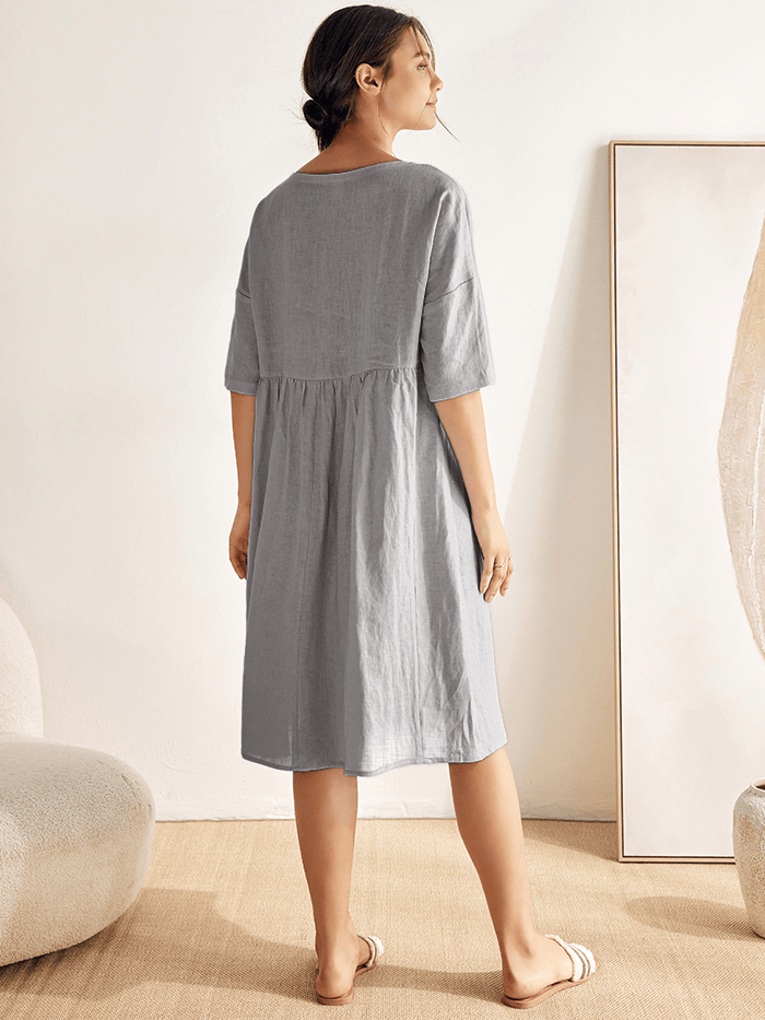 Vestido midi de lino de manga corta para mujer-Midi Dress-Casaluzia