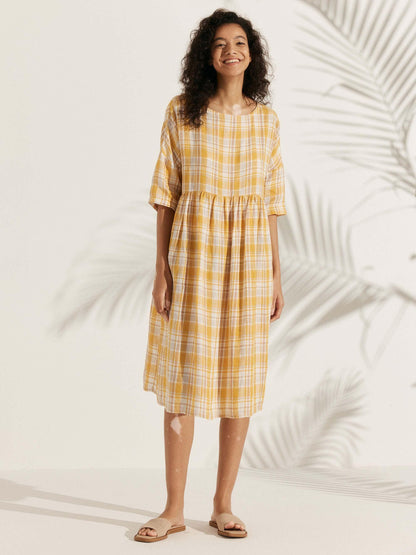 Vestido midi de lino de manga corta para mujer-Midi Dress-Casaluzia