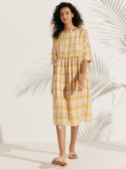 Vestido midi de lino de manga corta para mujer-Midi Dress-Casaluzia