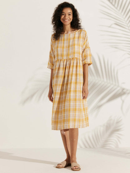 Vestido midi de lino de manga corta para mujer-Midi Dress-Casaluzia