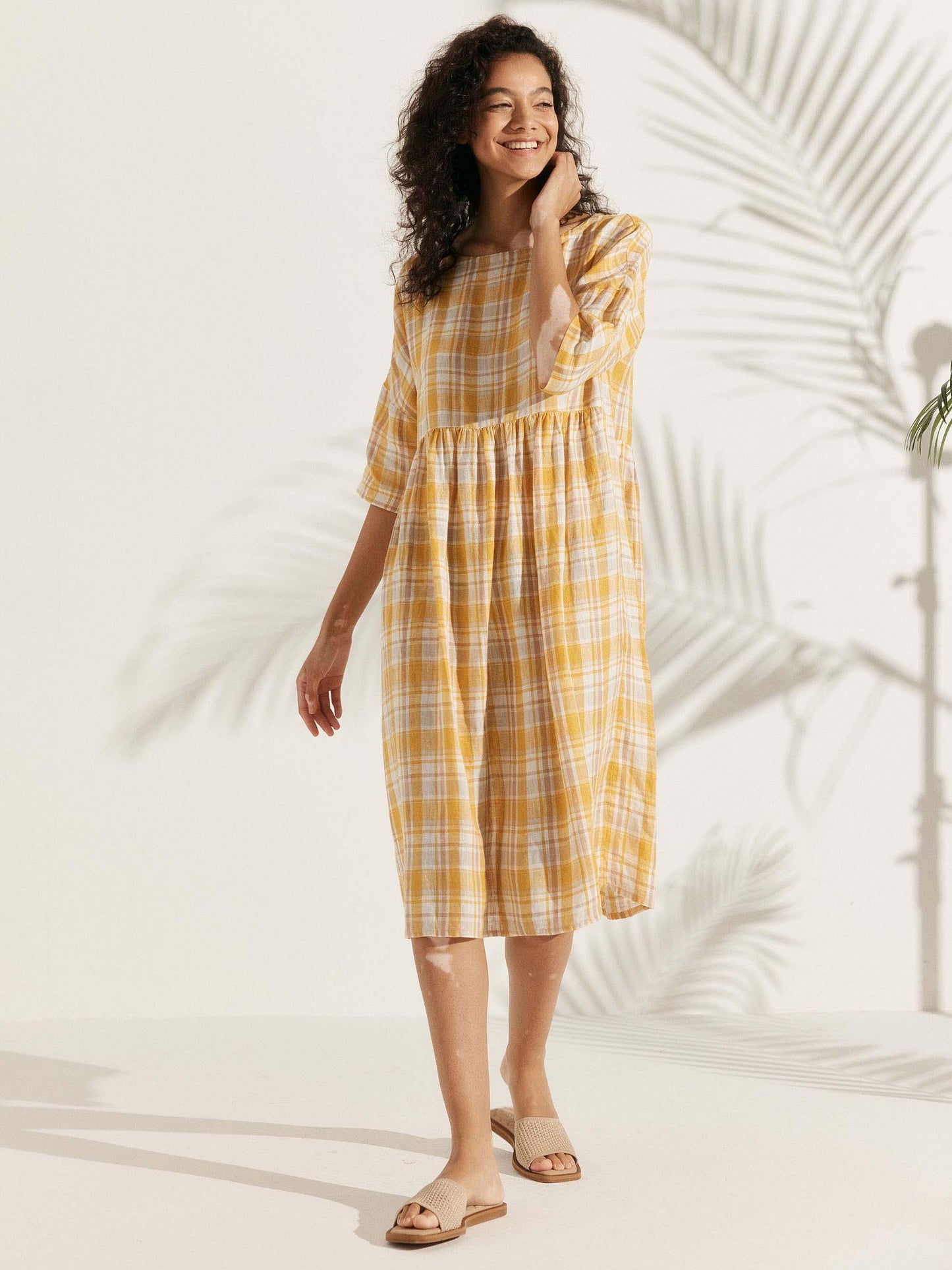Vestido midi de lino de manga corta para mujer-Midi Dress-Casaluzia