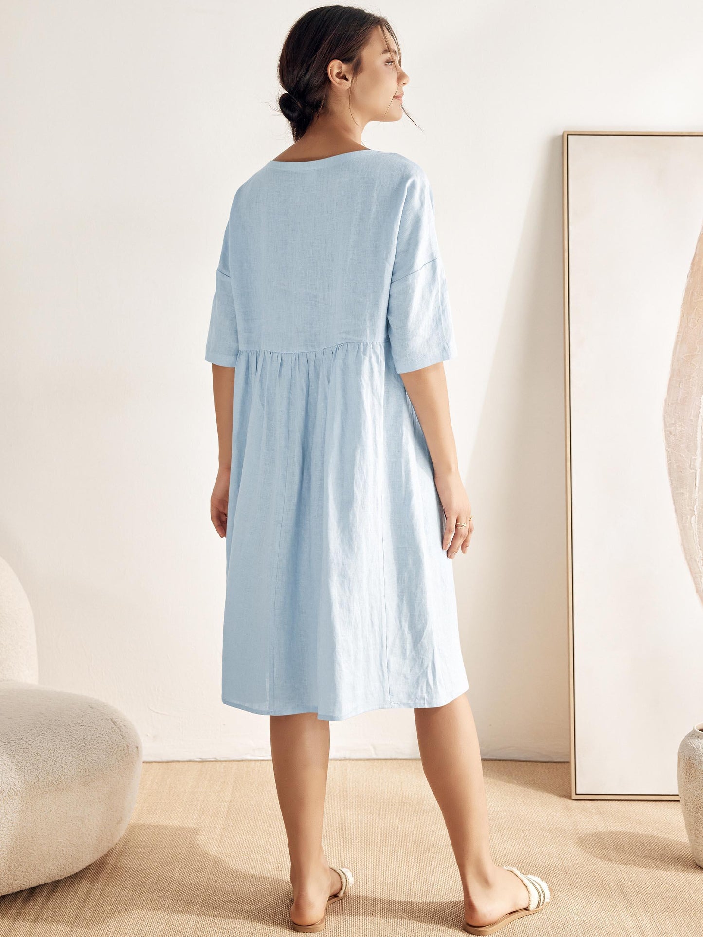 Vestido midi de lino de manga corta para mujer-Midi Dress-Casaluzia