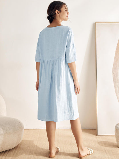 Vestido midi de lino de manga corta para mujer-Midi Dress-Casaluzia