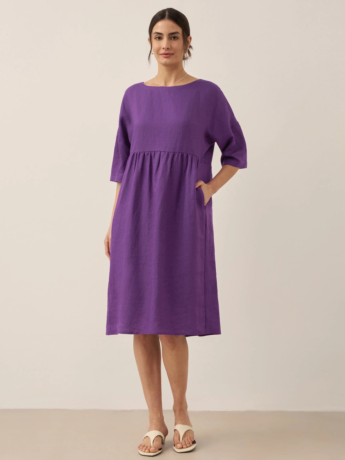 Vestido midi de lino de manga corta para mujer-Midi Dress-Casaluzia