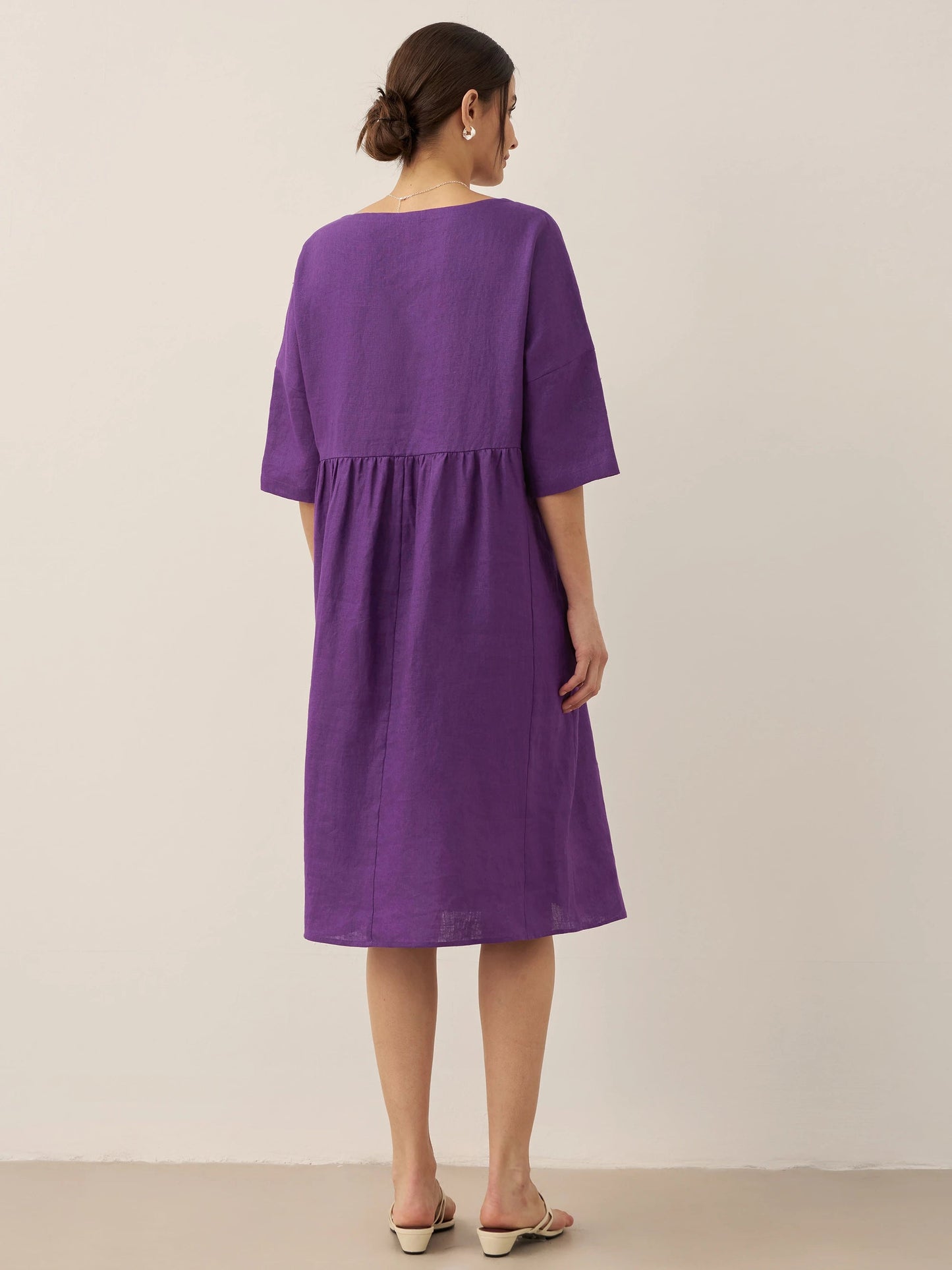 Vestido midi de lino de manga corta para mujer-Midi Dress-Casaluzia