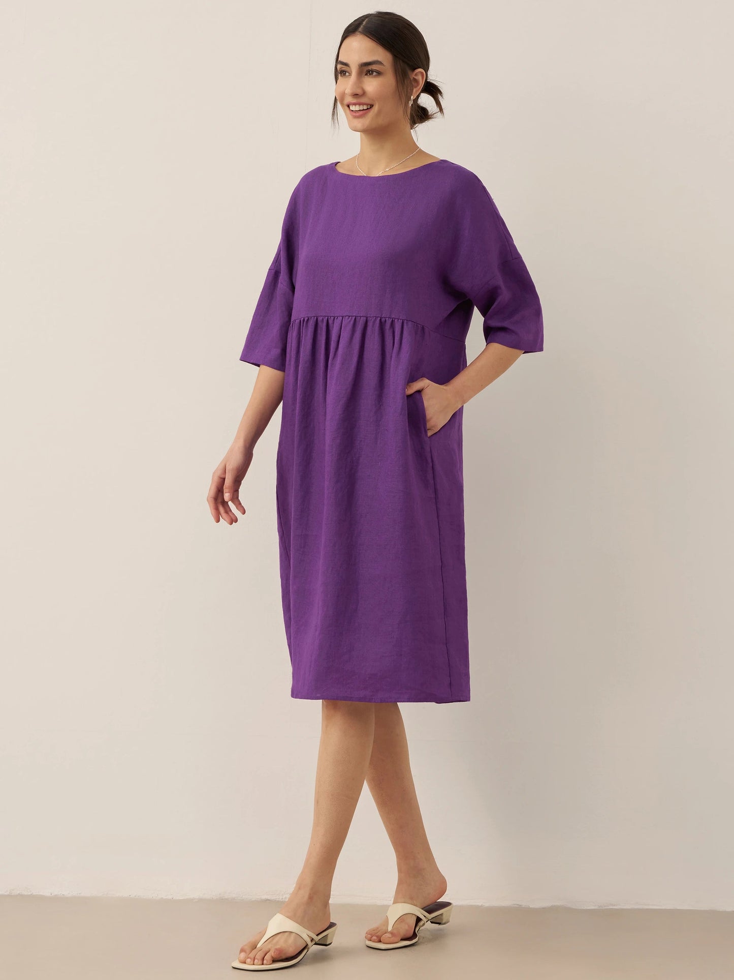 Vestido midi de lino de manga corta para mujer-Midi Dress-Casaluzia
