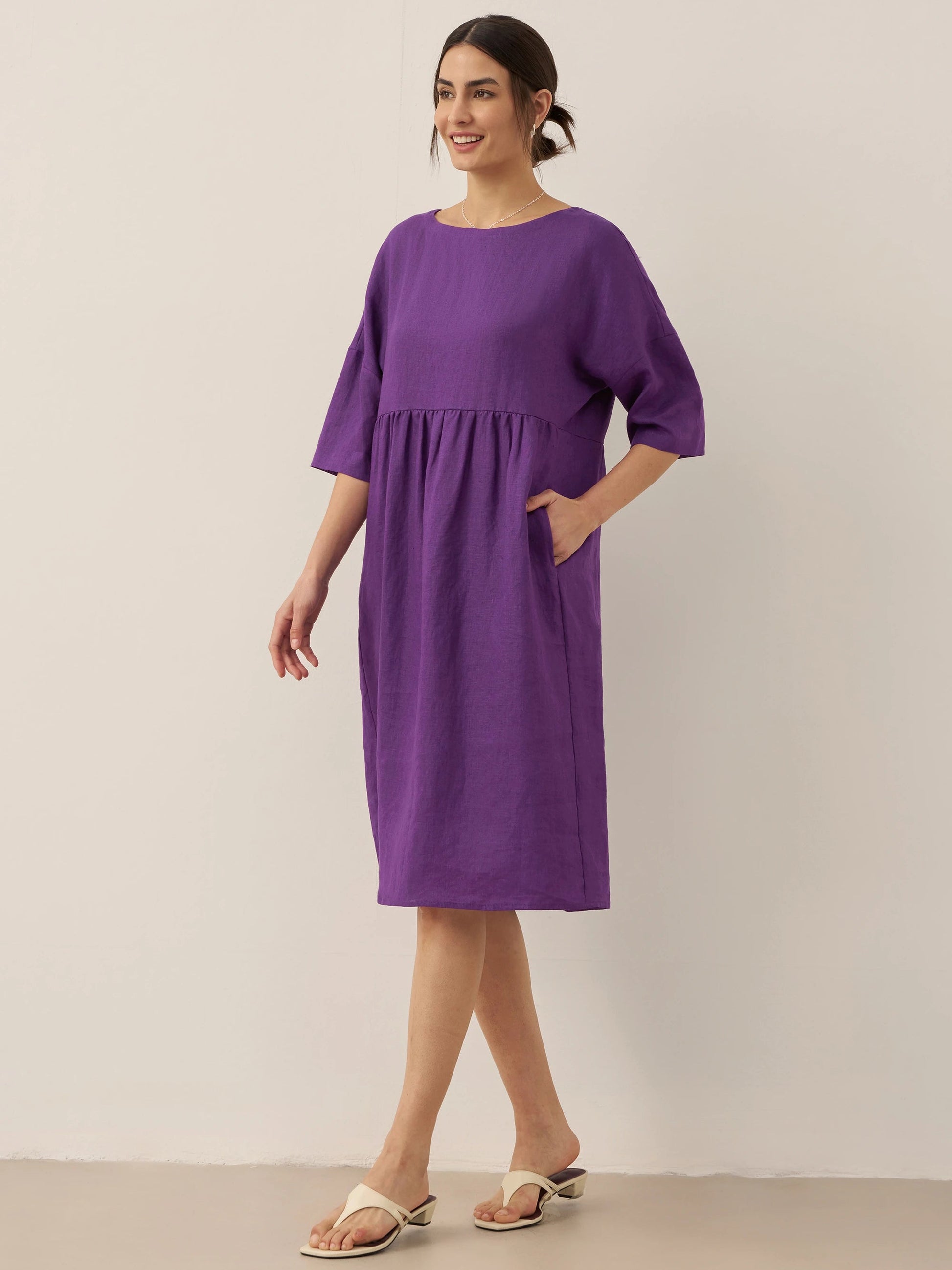 Vestido midi de lino de manga corta para mujer-Midi Dress-Casaluzia