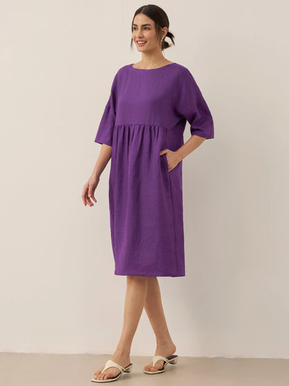 Vestido midi de lino de manga corta para mujer-Midi Dress-Casaluzia