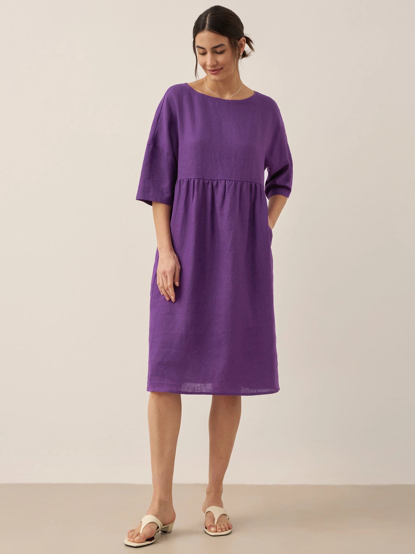 Vestido midi de lino de manga corta para mujer-Midi Dress-Casaluzia