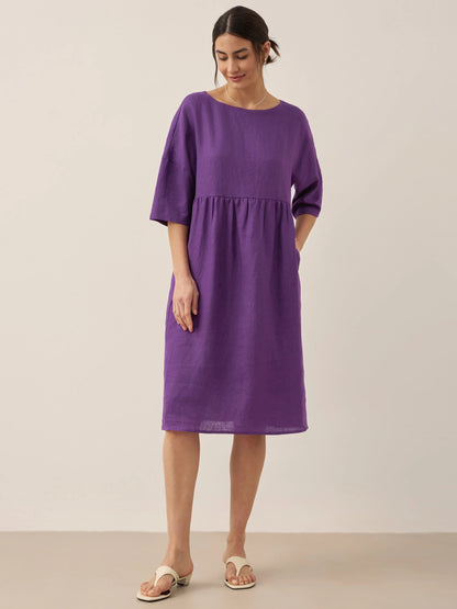 Vestido midi de lino de manga corta para mujer-Midi Dress-Casaluzia