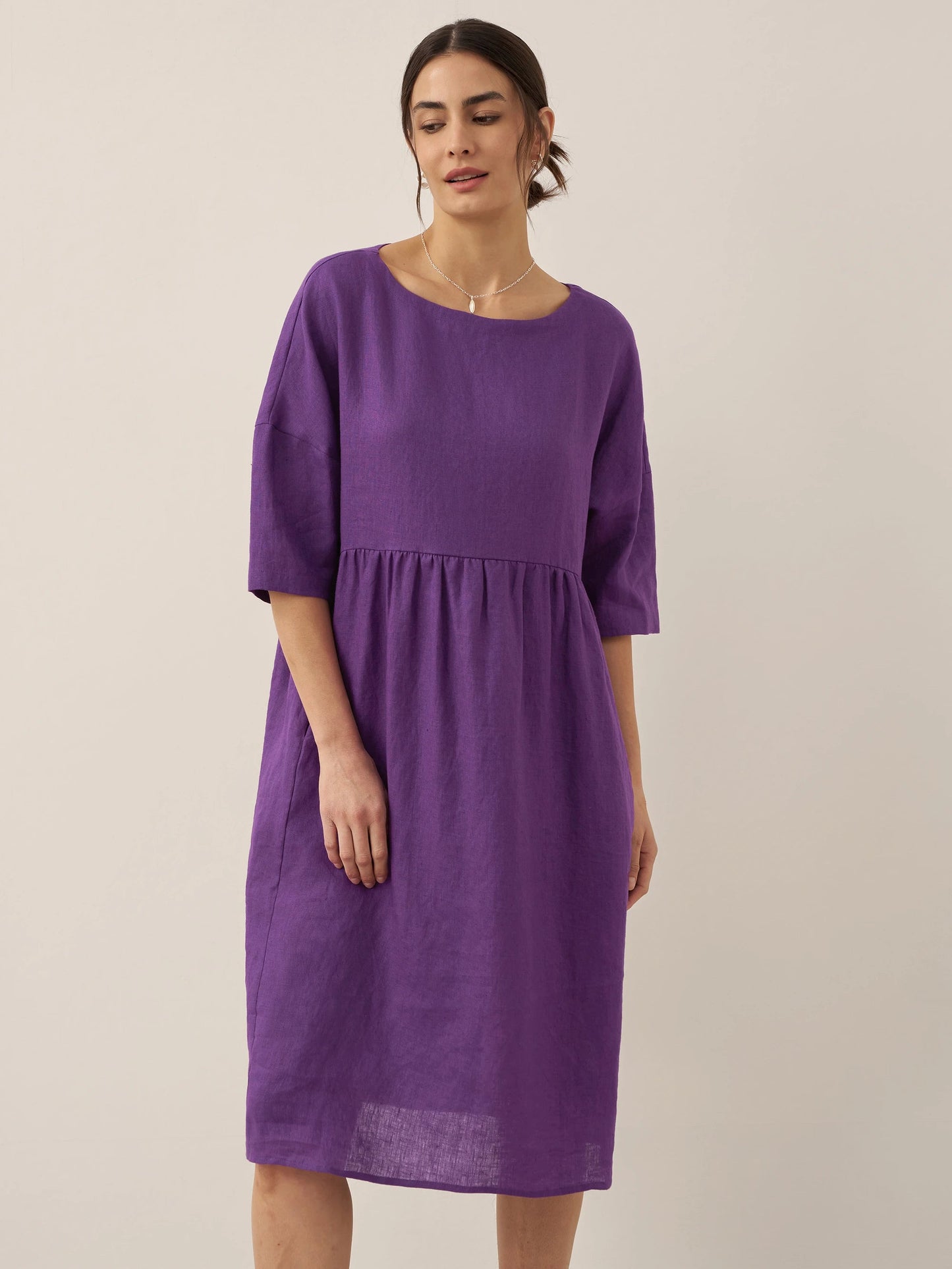 Vestido midi de lino de manga corta para mujer-Midi Dress-Casaluzia
