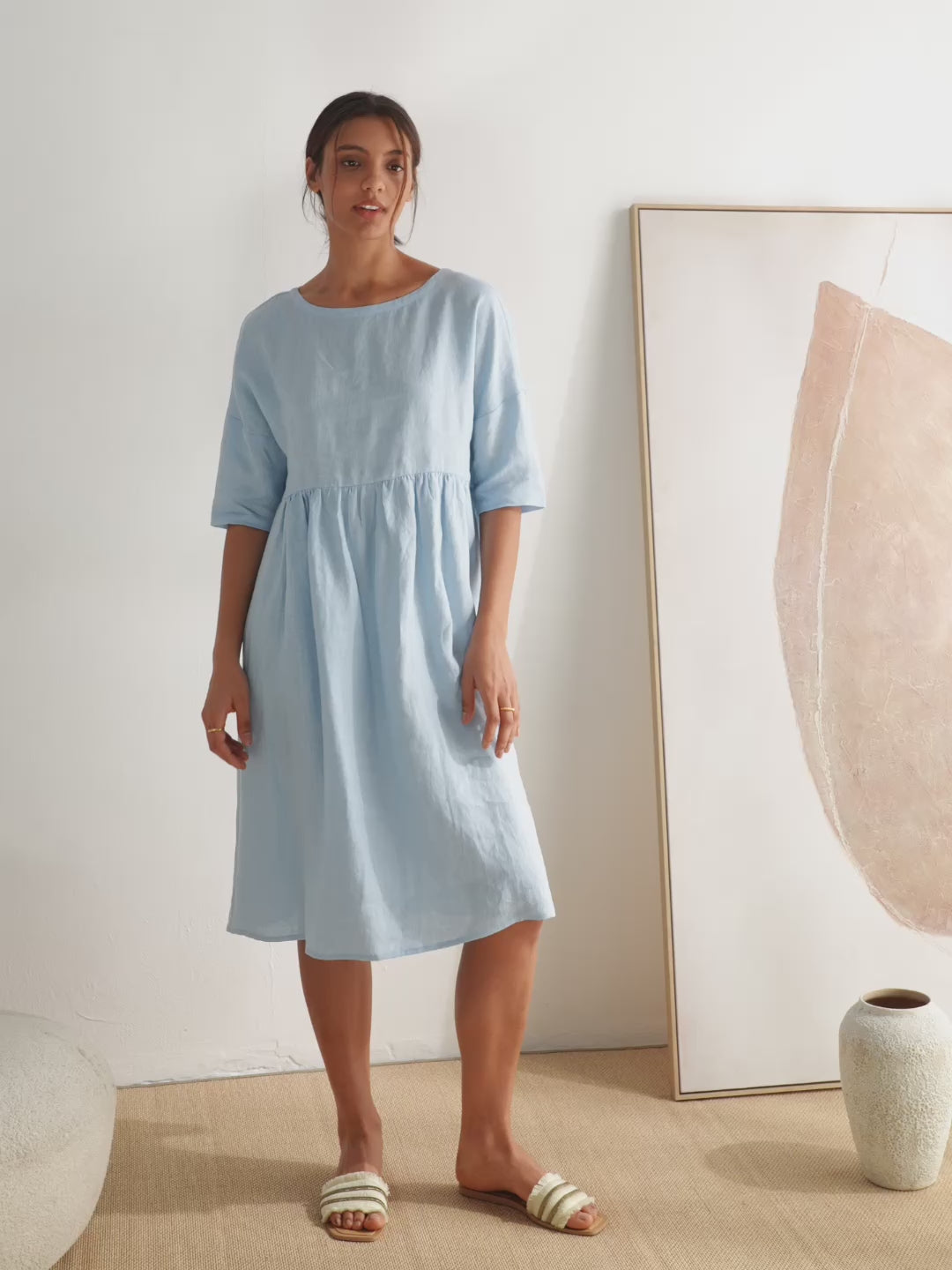 Vestido midi de lino de manga corta para mujer-Midi Dress-Casaluzia