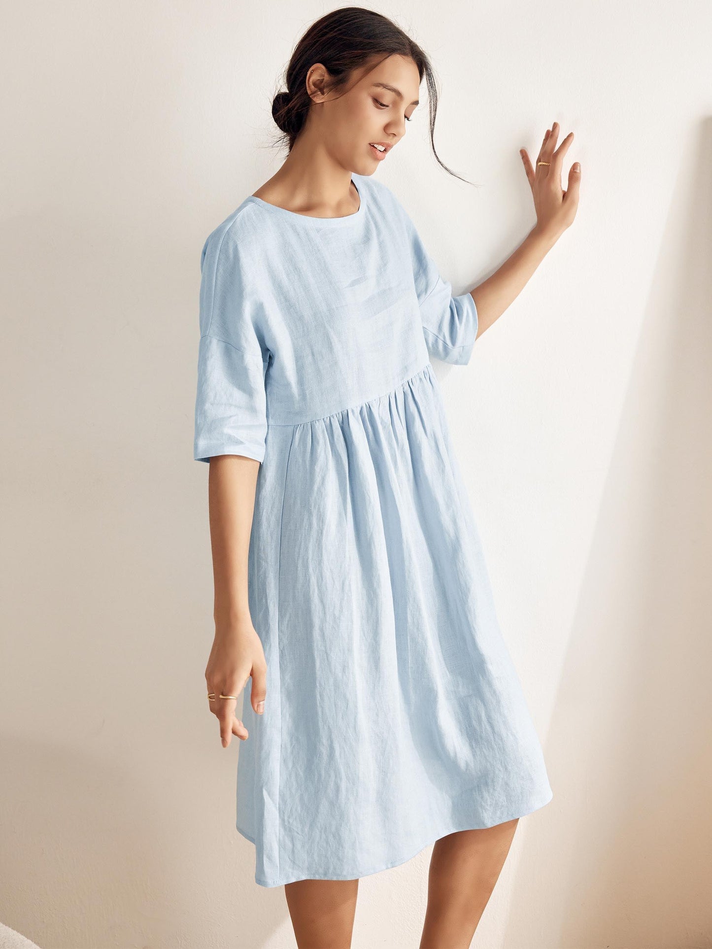 Vestido midi de lino de manga corta para mujer-Midi Dress-Casaluzia