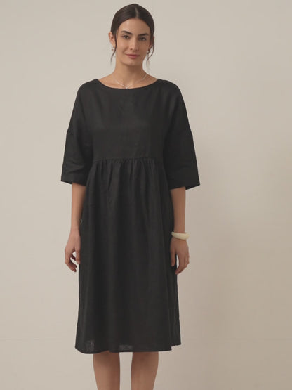 Vestido midi de lino de manga corta para mujer-Midi Dress-Casaluzia