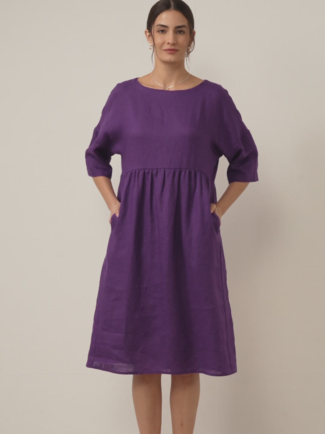 Vestido midi de lino de manga corta para mujer-Midi Dress-Casaluzia