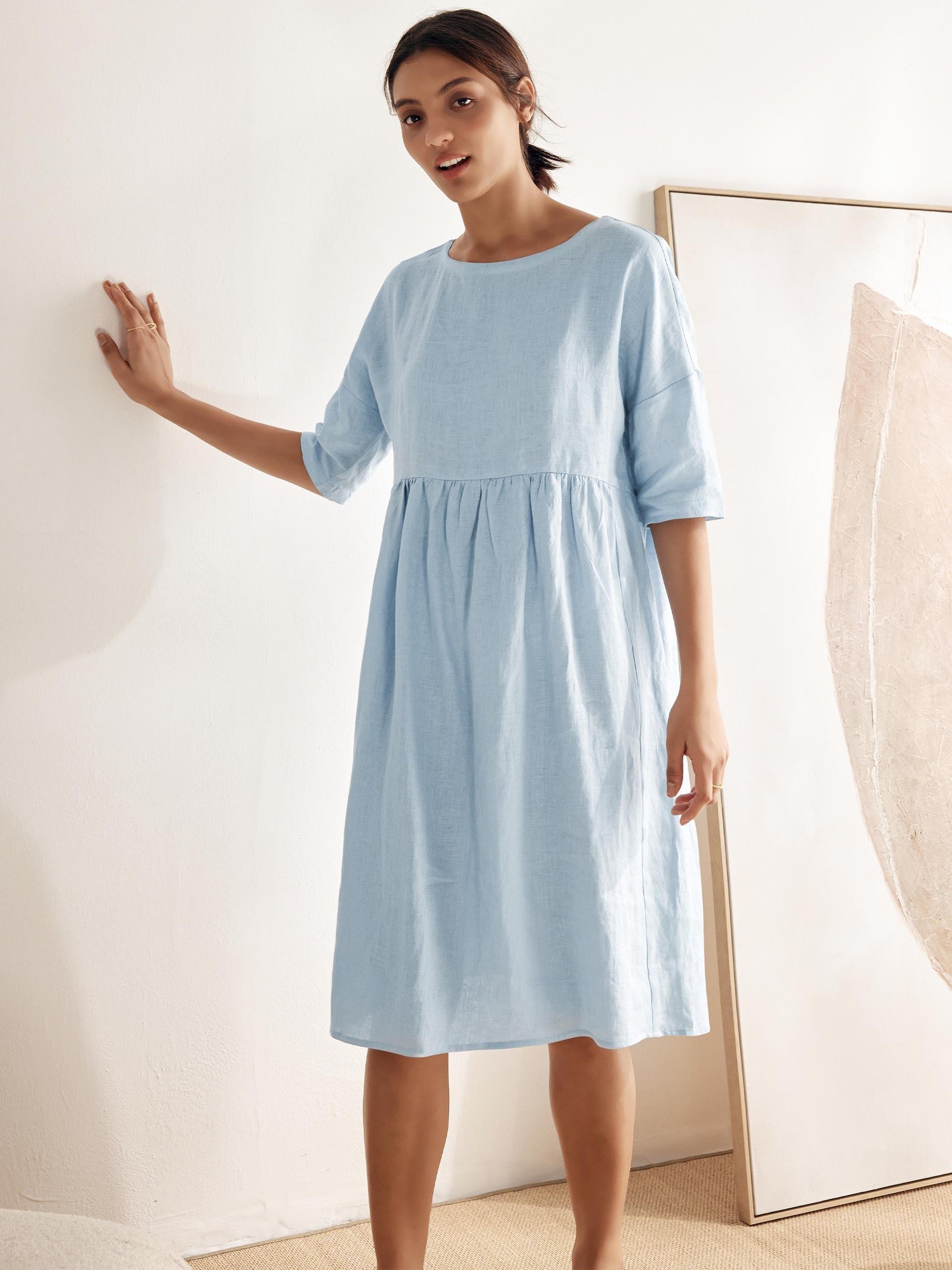 Vestido midi de lino de manga corta para mujer-Midi Dress-Casaluzia