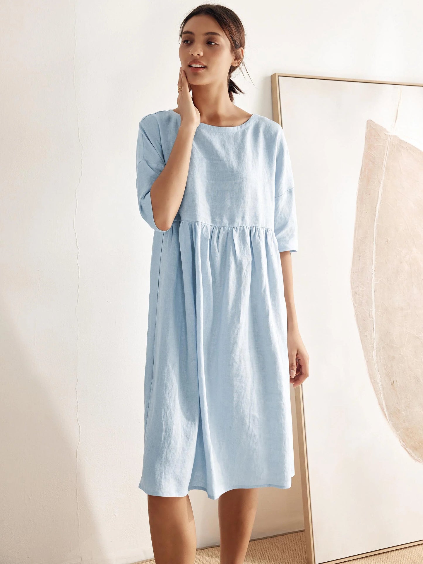 Vestido midi de lino de manga corta para mujer-Midi Dress-Casaluzia