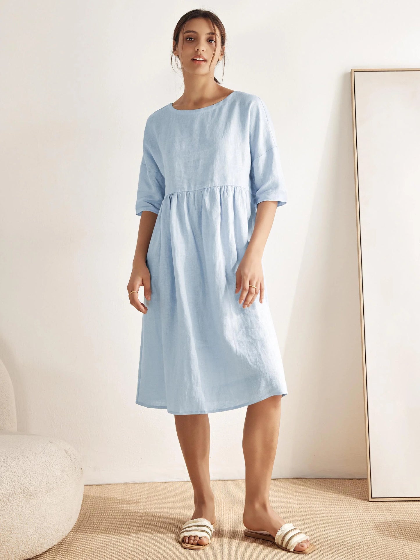 Vestido midi de lino de manga corta para mujer-Midi Dress-Casaluzia