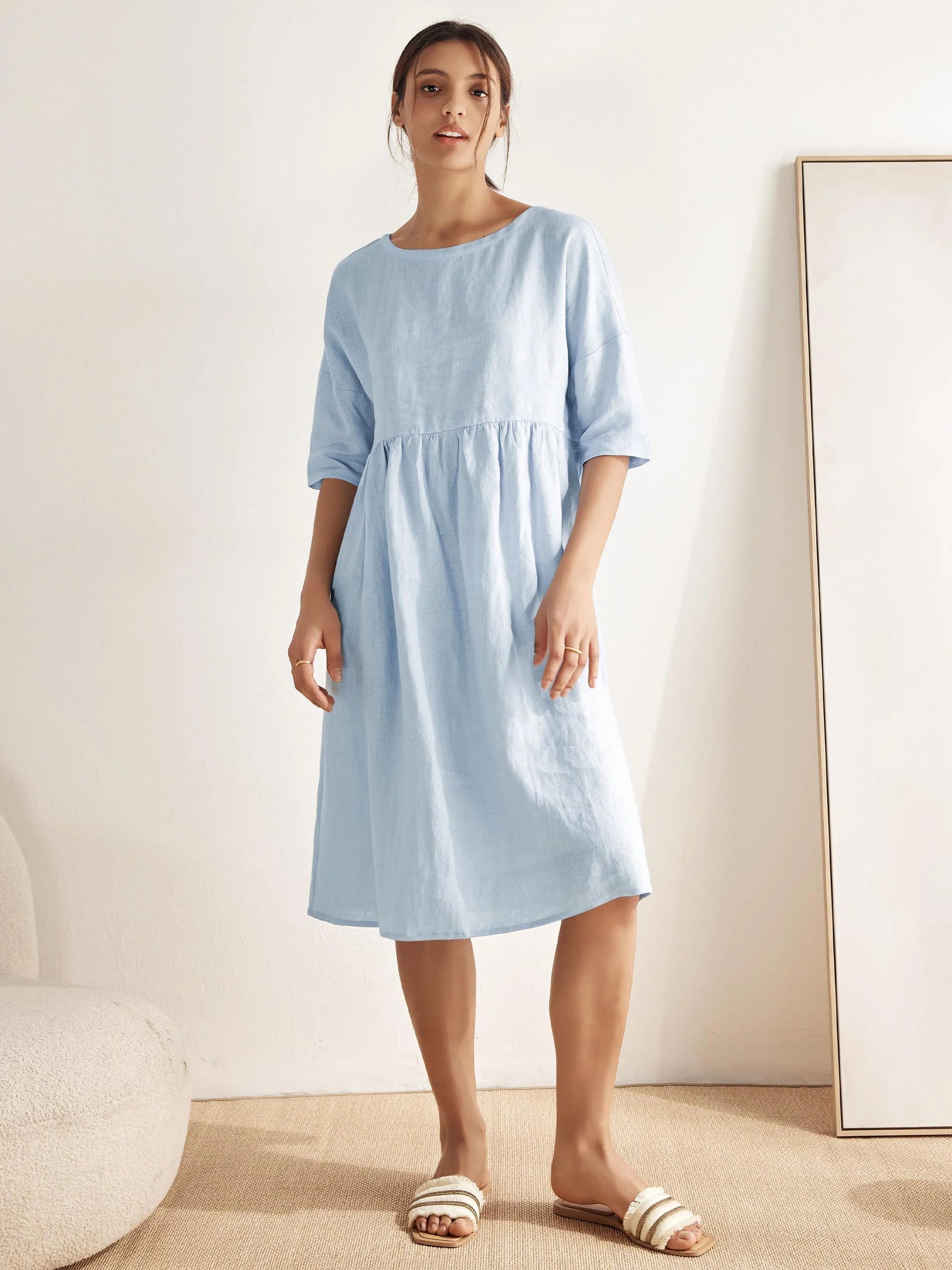 Vestido midi de lino de manga corta para mujer-Midi Dress-Casaluzia