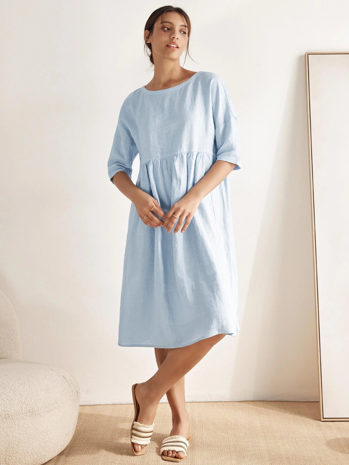 Vestido midi de lino de manga corta para mujer-Midi Dress-Casaluzia