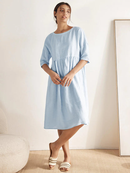 Vestido midi de lino de manga corta para mujer-Midi Dress-Casaluzia