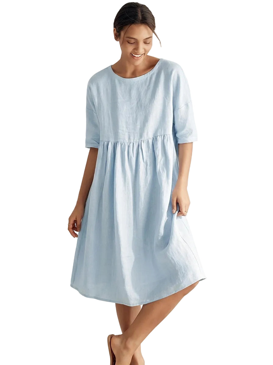 Vestido midi de lino de manga corta para mujer-Midi Dress-Casaluzia
