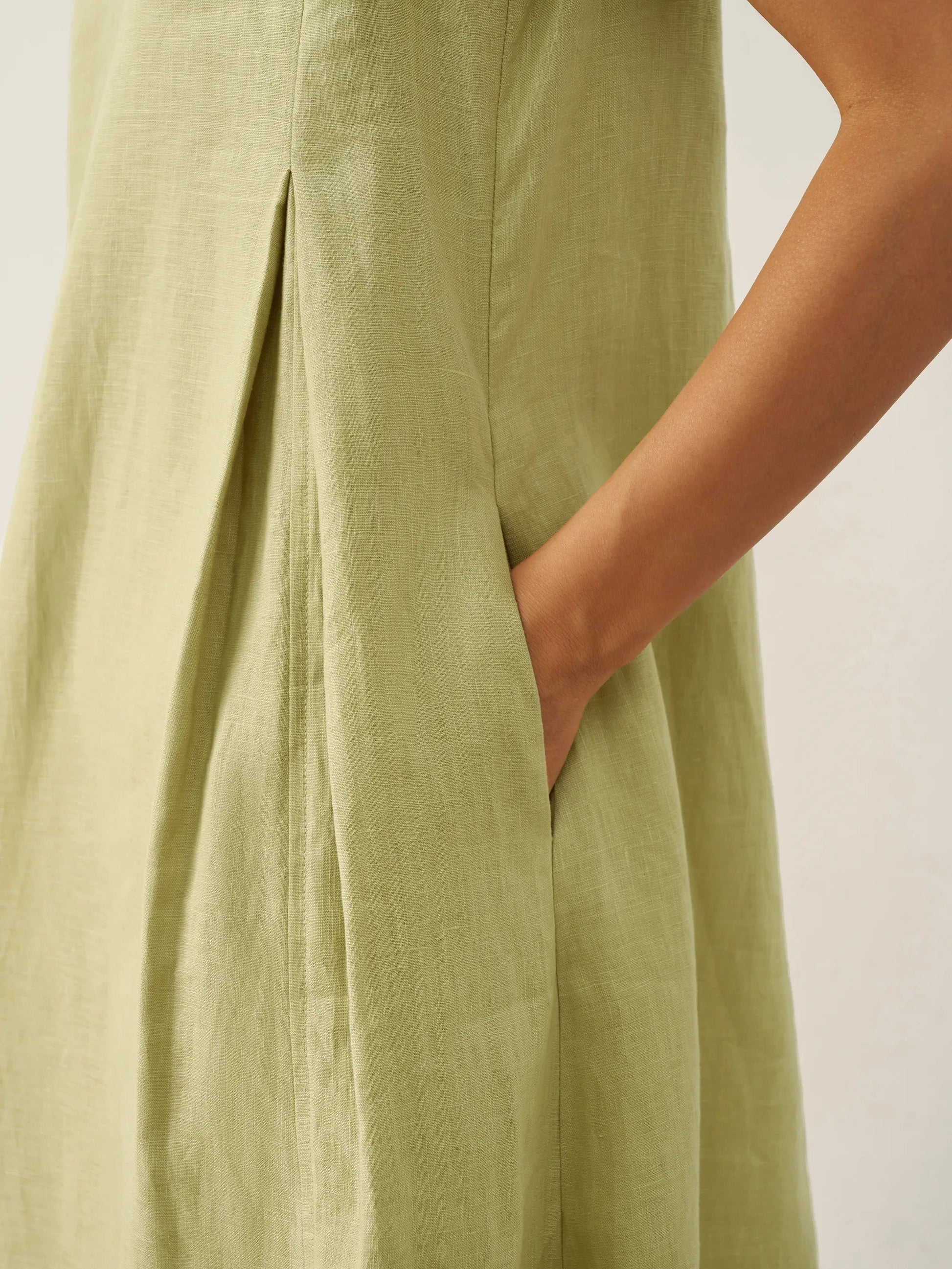 Vestido midi de lino sin mangas con cuello en V para mujer-Midi Dress-Casaluzia