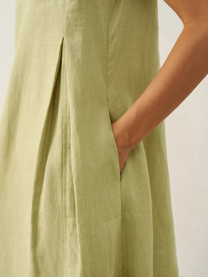 Vestido midi de lino sin mangas con cuello en V para mujer-Midi Dress-Casaluzia
