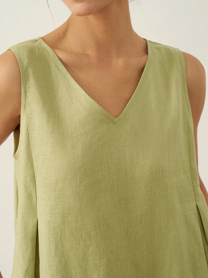 Vestido midi de lino sin mangas con cuello en V para mujer-Midi Dress-Casaluzia