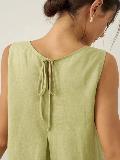Vestido midi de lino sin mangas con cuello en V para mujer-Midi Dress-Casaluzia