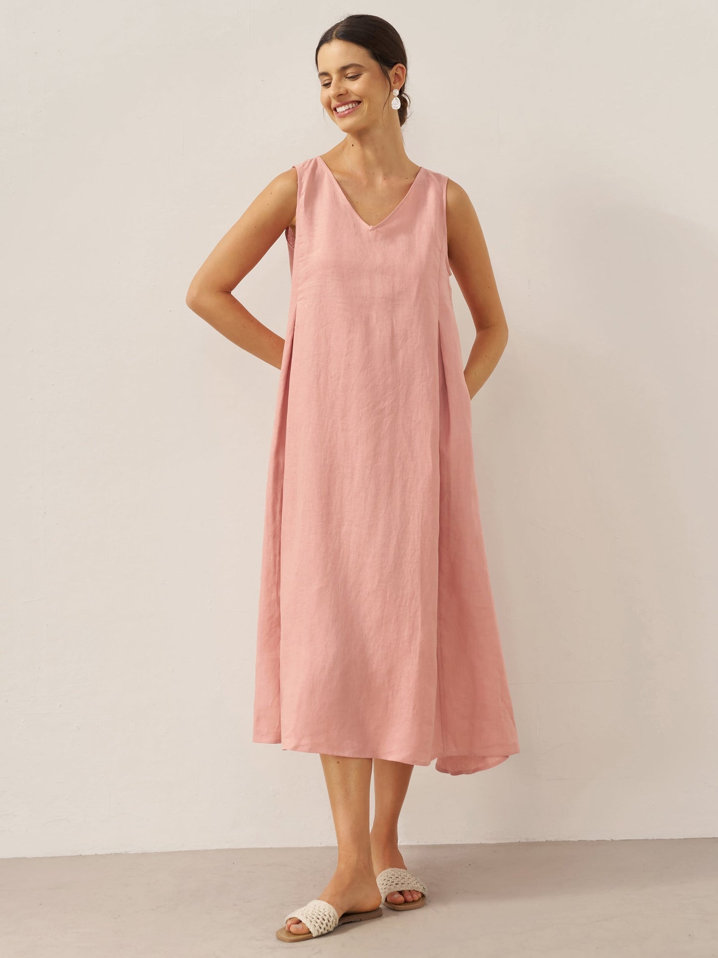 Vestido midi de lino sin mangas con cuello en V para mujer-Midi Dress-Casaluzia
