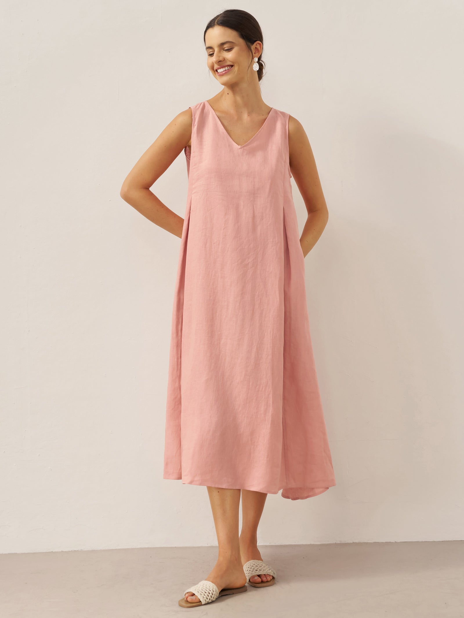 Vestido midi de lino sin mangas con cuello en V para mujer-Midi Dress-Casaluzia