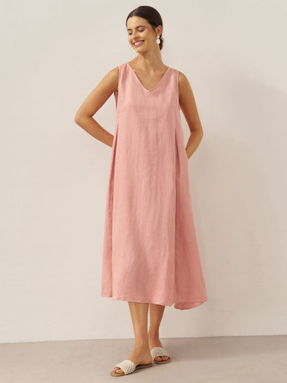 Vestido midi de lino sin mangas con cuello en V para mujer-Midi Dress-Casaluzia