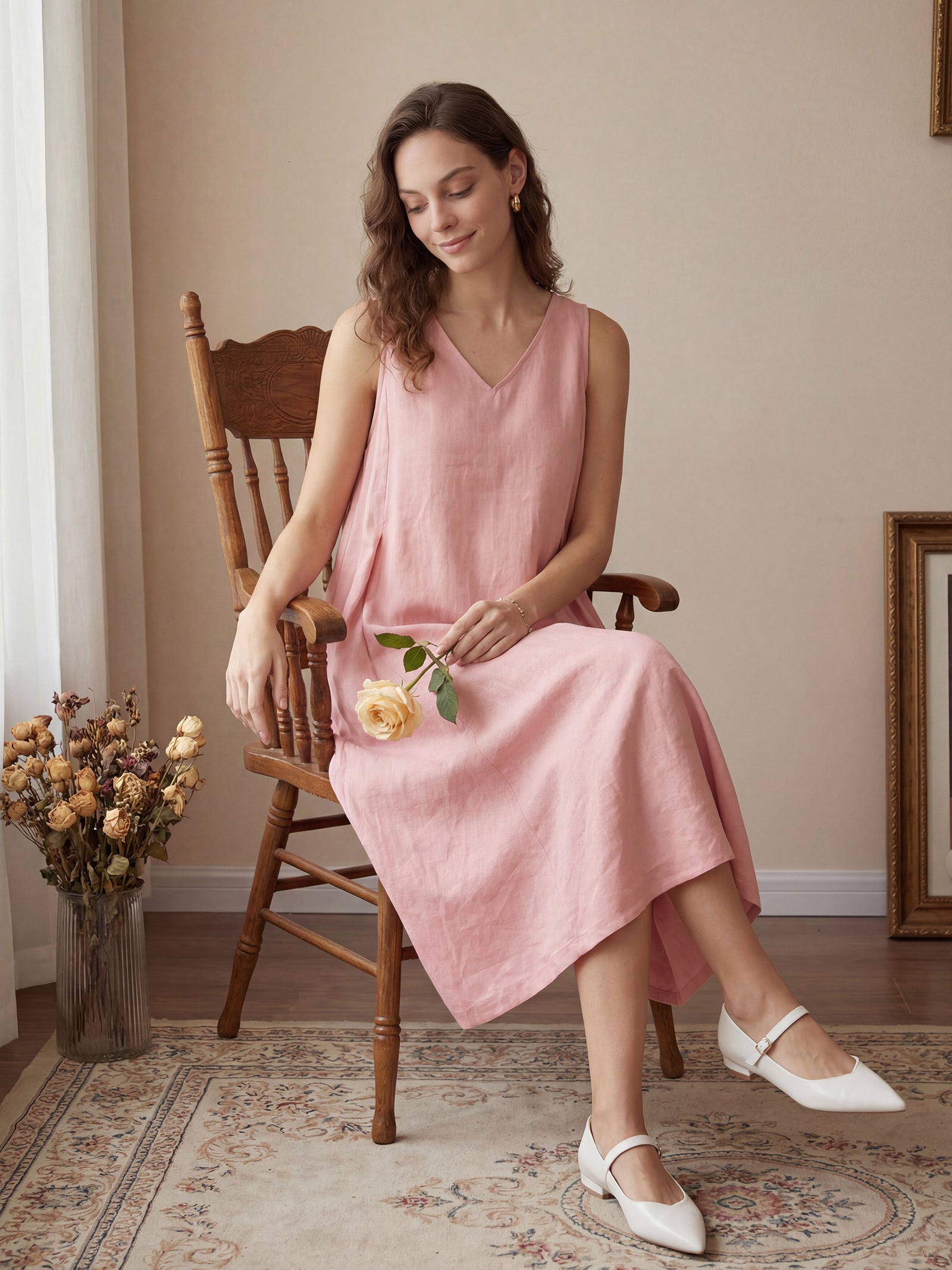 Vestido midi de lino sin mangas con cuello en V para mujer-Midi Dress-Casaluzia