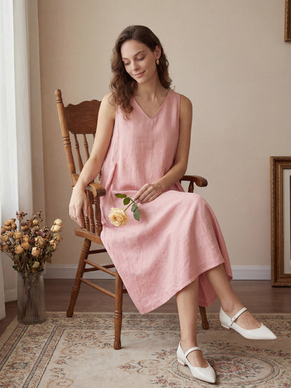 Vestido midi de lino sin mangas con cuello en V para mujer-Midi Dress-Casaluzia