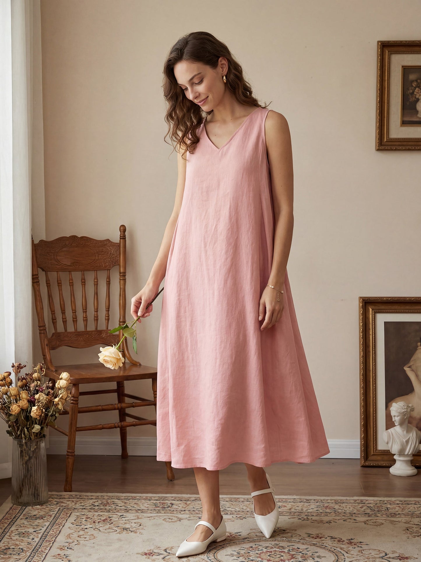 Vestido midi de lino sin mangas con cuello en V para mujer-Midi Dress-Casaluzia