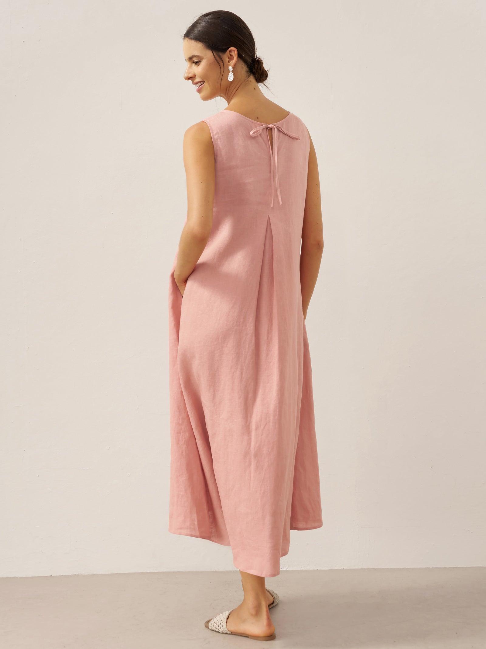 Vestido midi de lino sin mangas con cuello en V para mujer-Midi Dress-Casaluzia