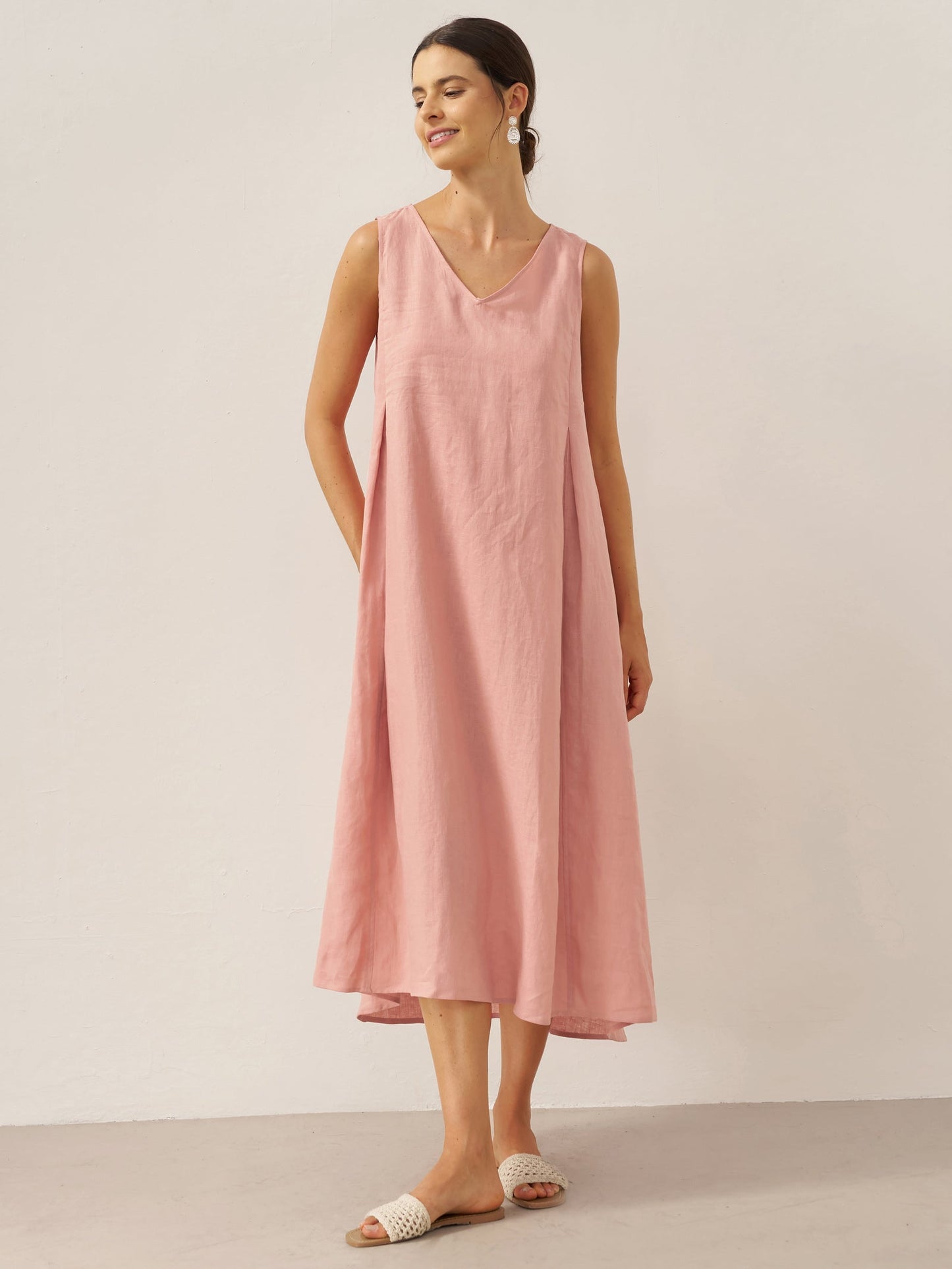 Vestido midi de lino sin mangas con cuello en V para mujer-Midi Dress-Casaluzia