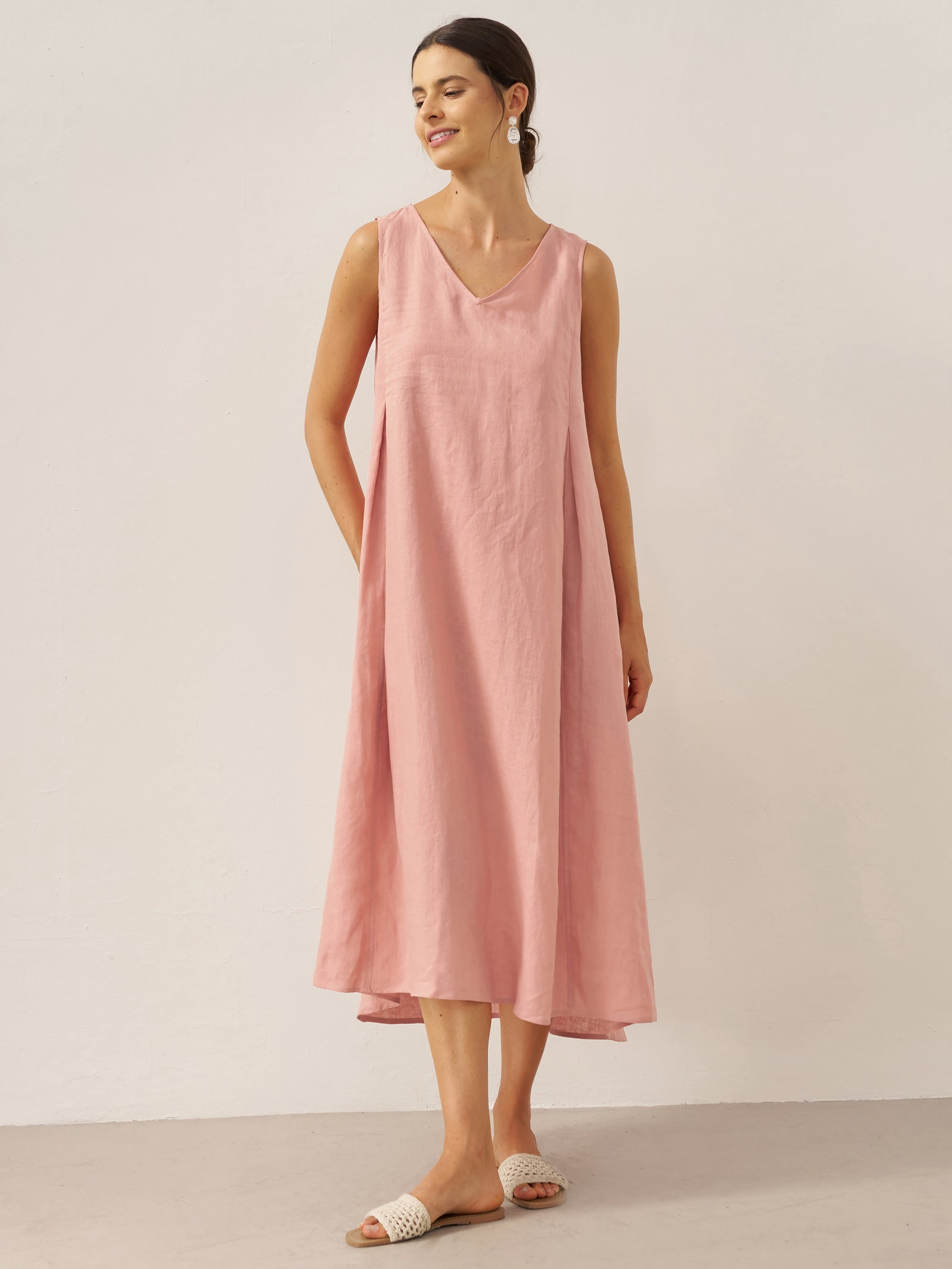 Vestido midi de lino sin mangas con cuello en V para mujer-Midi Dress-Casaluzia
