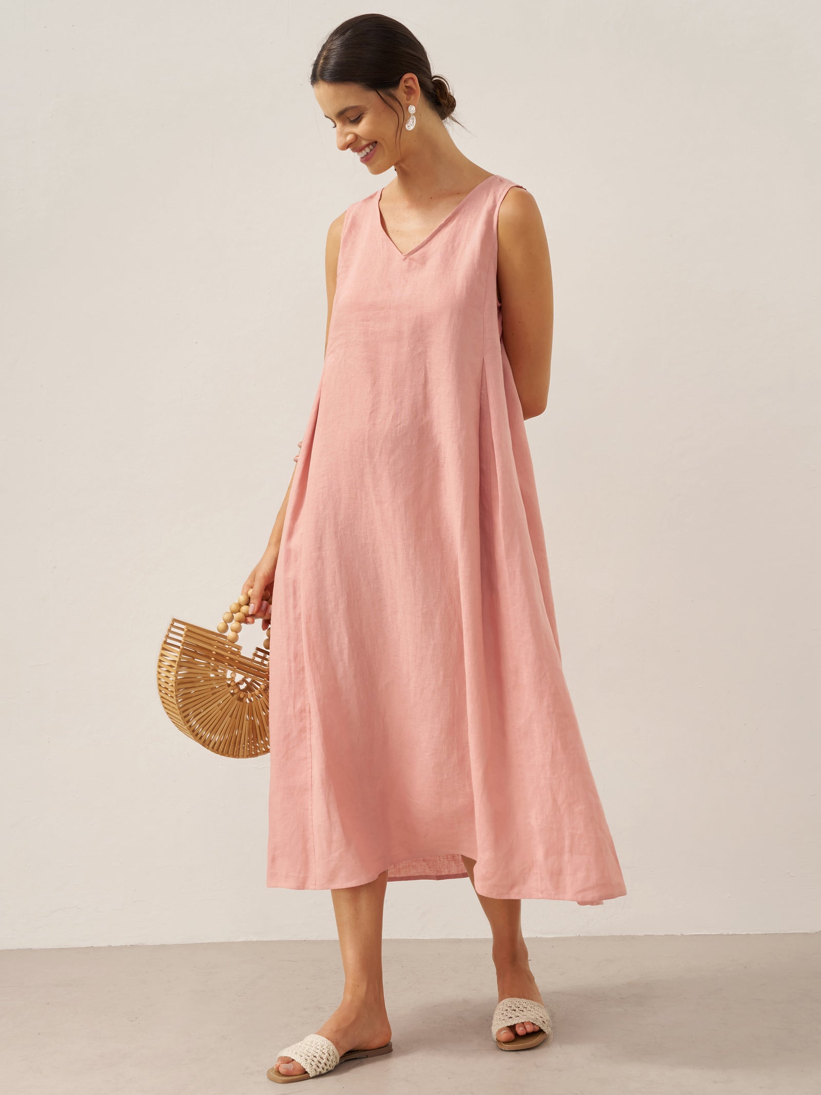 Vestido midi de lino sin mangas con cuello en V para mujer-Midi Dress-Casaluzia